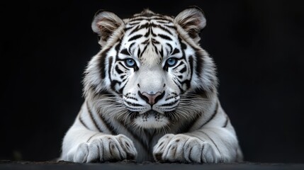 Obraz premium White tiger resting on dark background. For conservation and wildlife educational purposes