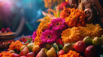 Fototapeta premium A close-up of traditional offerings made to Bajrangbali, showcasing vibrant flowers, fruits, and ceremonial items, symbolizing devotion.