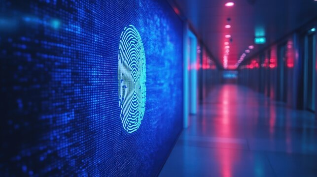 Futuristic hallway with digital fingerprint on wall.