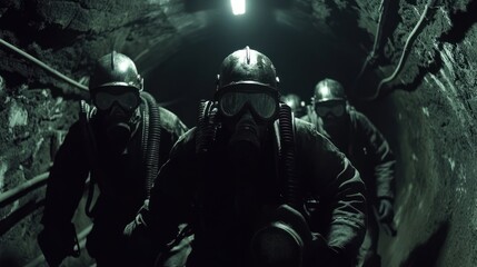 Fototapeta premium Soldiers in gas masks walk through dark tunnel.