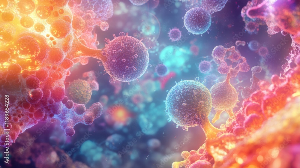 Poster illustration of microscopic microbes showcasing diverse shapes, colors, and textures in a vibrant ab