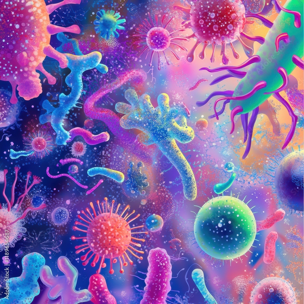 Poster microscopic microbes in vibrant colors showcasing diverse shapes and textures in a scientific illust