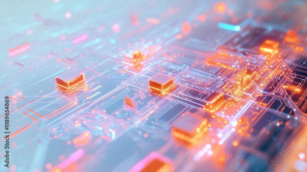 Poster abstract tech design concept. vivid circuit board pattern. intricate network of glowing lines, lumin