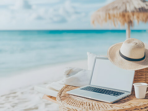 Laptop, straw hat on table in beach resort. Relaxed outdoor workspace with notebook on ocean seaside. Summer working on leisure day. Online remote work and refreshing drink on tropical beach.