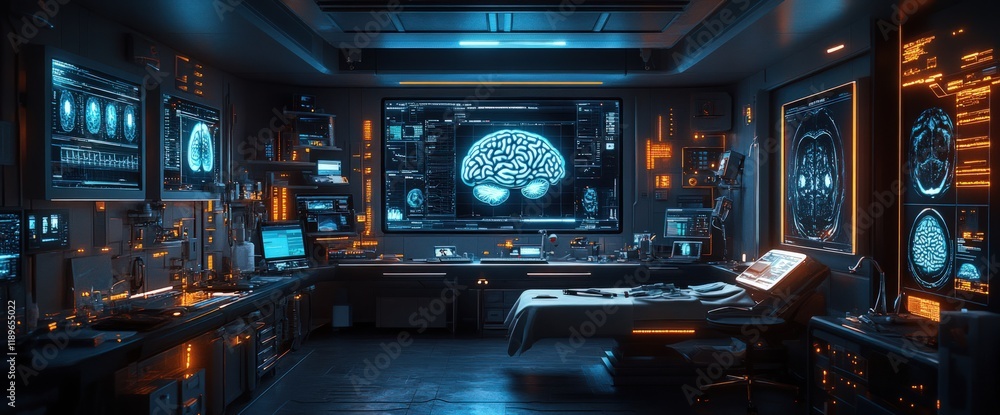Poster futuristic neurology lab with brain scan displays and high-tech equipment.