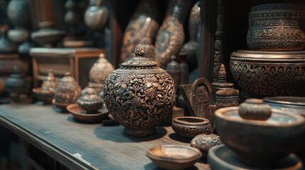 A close-up of beautifully crafted local handicrafts displayed in a quaint shop, showcasing the artistry of Akkalkot.