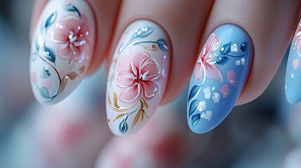 A close-up of beautifully manicured nails featuring intricate floral designs in pastel colors, highlighted under soft lighting,