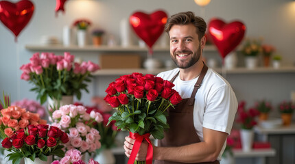 Smiling florist holding red roses bouquet with ribbon, standing in shop filled with various flowers, red heart balloons in background. Valentine's Day Flower Delivery Concept
