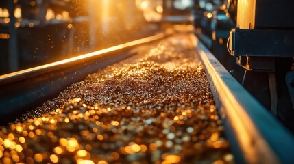 Industrial conveyor belt carries golden ore pieces in bright sunlight. Extraction process of rare earth minerals shown. Modern mining tech highlighted. Eco friendly eco practices for mining
