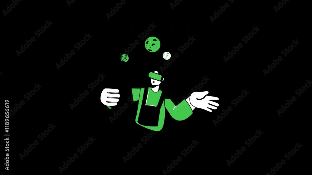 Poster a person in a green outfit engaging with virtual reality while juggling celestial objects.