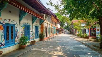 A charming street lined with traditional buildings adorned with vibrant murals in Fort Kochi.