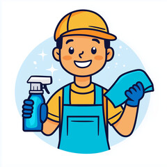 Cartoon cleaner holding a cloth and cleaning spray bottles, vector flat icon illustration, modern line icon  for advertisement or logo, cleaning service