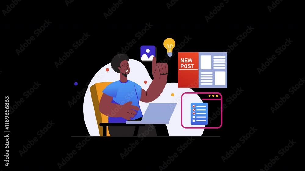 Poster a black man working on a laptop with ideas and graphics surrounding him, symbolizing content creatio