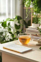 A cup of tea and a monthly calendar rest on a table among indoor plants