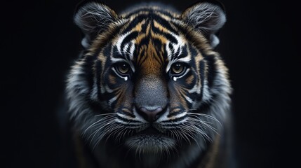 Fototapeta premium Studio Tiger Cub Portrait, Dark Background, Wildlife Conservation