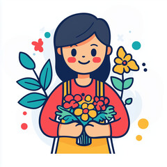 A cartoon florist wearing an apron and flowers, vector flat icon illustration, modern line icon for advertisement or logo, flower store or shop