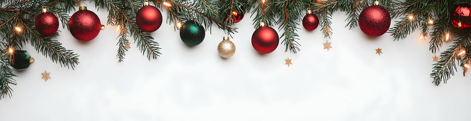 Naklejka premium Merry Christmas Festive Holiday Season Background with Red Green Gold Ornaments and Lights