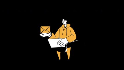 A person in a yellow hoodie holds a letter and a laptop, showcasing a modern communication theme in a minimalist style.