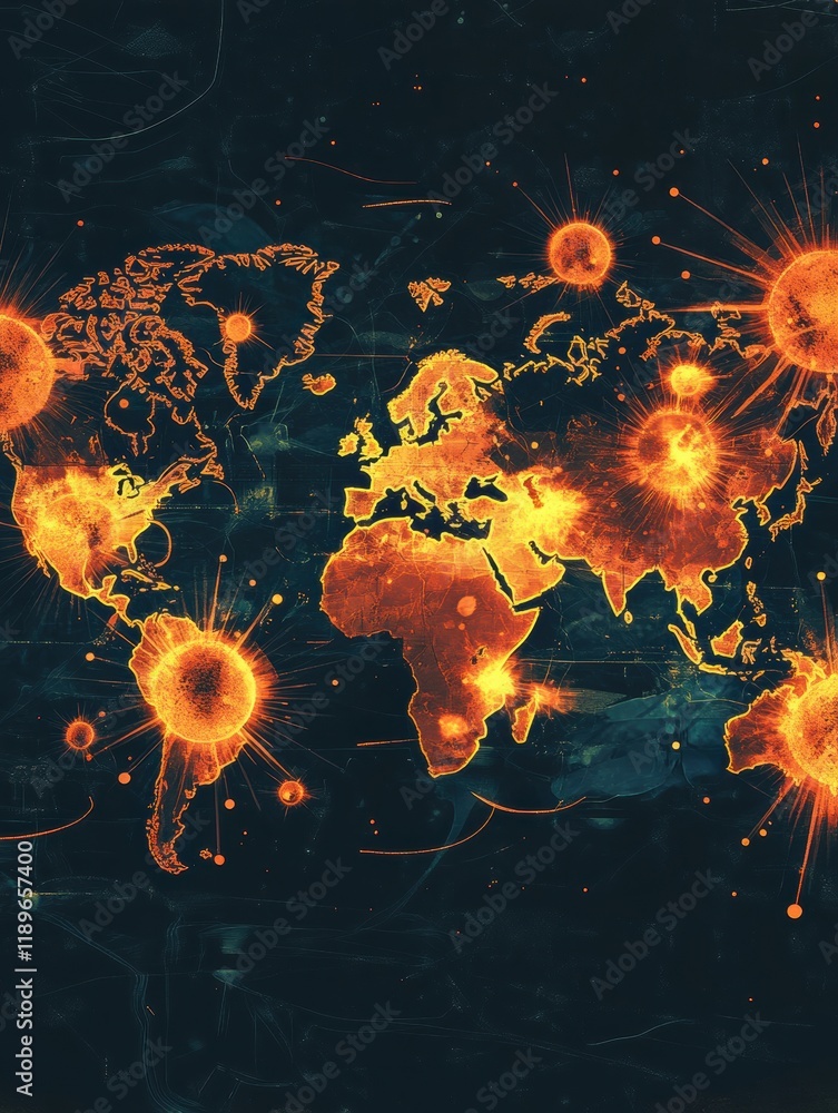 Fototapete world map highlighting epidemic outbreak zones with visual markers representing affected areas. gene