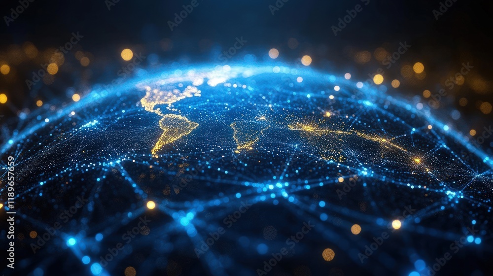 Poster global network connection, digital world map, glowing lines and nodes.