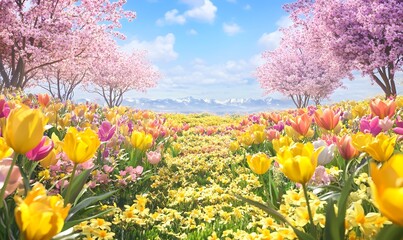 Fototapeta premium Idyllic spring landscape with blooming tulips, daffodils, and cherry blossoms under a vibrant blue sky.