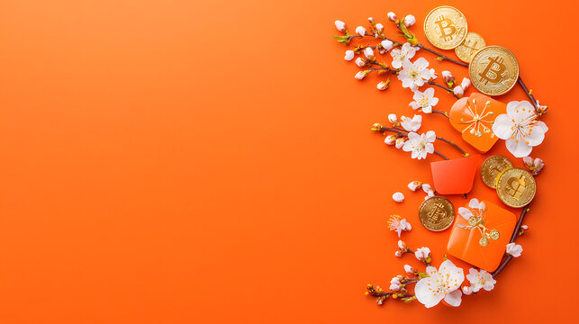 Celebrating prosperity bitcoin and cherry blossoms decor vibrant orange background digital art floral arrangement