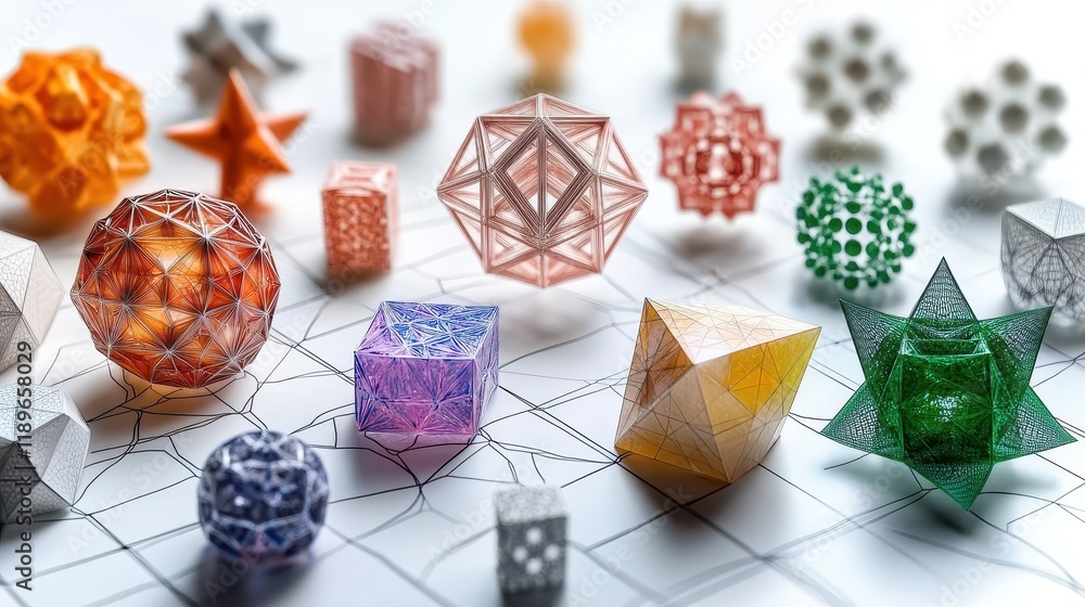 Poster a collection of intricate geometric shapes and polyhedra on a grid.