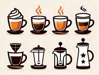 Obraz premium Stylish Coffee Icons Representing Different Brewing Methods, Cup Designs, and Varieties of Hot Beverages Perfect for Cafes, Coffee Shops, and Beverage Enthusiasts in Creative Illustrations