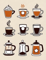 Obraz premium Stylish Coffee Icons Representing Different Brewing Methods, Cup Designs, and Varieties of Hot Beverages Perfect for Cafes, Coffee Shops, and Beverage Enthusiasts in Creative Illustrations