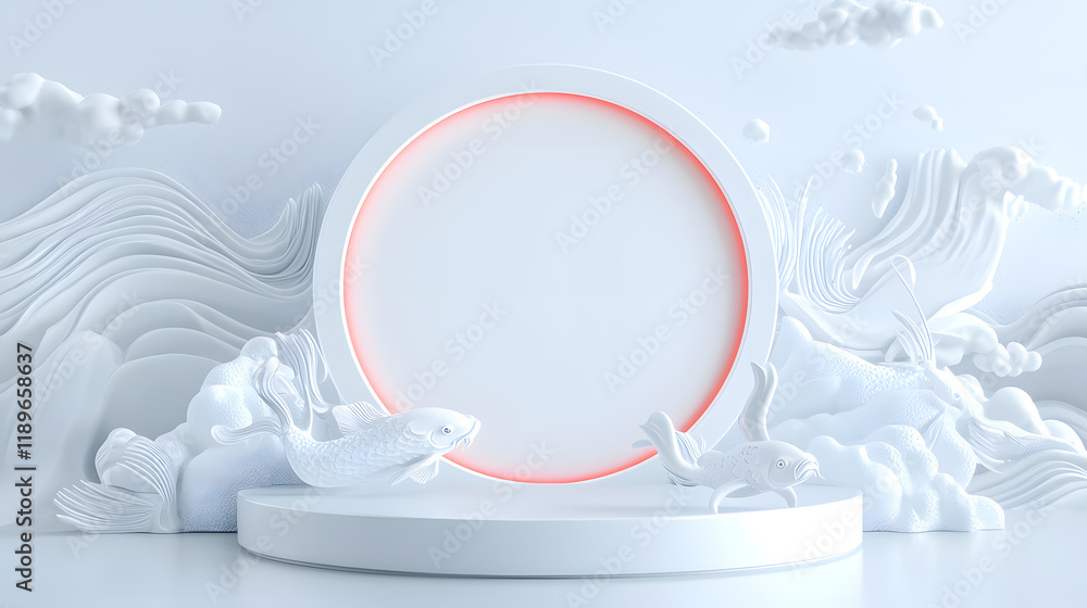 Poster artistic display of white circular platform with fish and waves minimalist environment studio photog