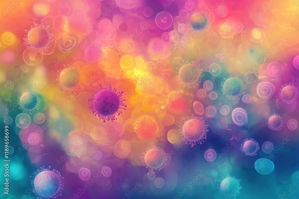 Aufkleber Illustration showing diverse microscopic microbes in vibrant colors and unique shapes against a colorful background. Generative AI