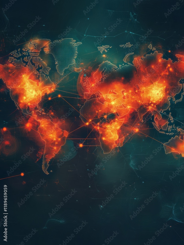 Aufkleber world map displaying highlighted zones of epidemic outbreaks across various regions with connection 