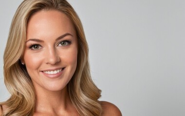 Naklejka premium Blonde woman with obscured head area against a grey background.