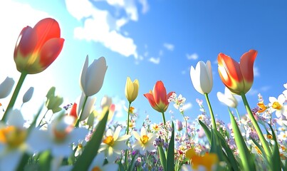 Fototapeta premium Colorful tulips and wildflowers bloom under a bright blue sky.