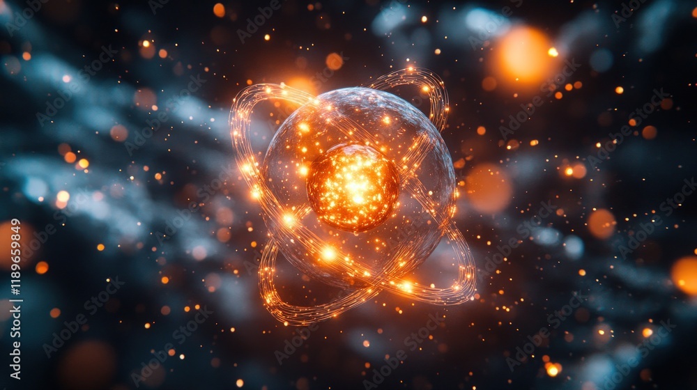 Poster glowing energy sphere with orbiting particles in dark space.
