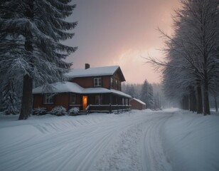 A cozy house with lit windows amidst a snowy landscape at twilight.