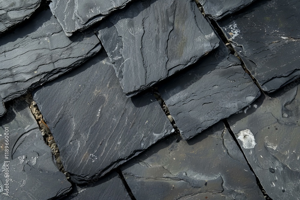 Poster dark slate roof tiles overlapping, creating a textured, weathered surface