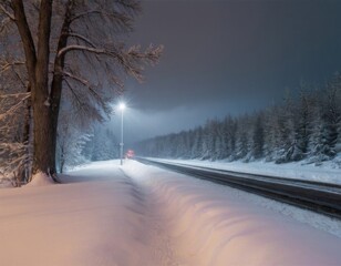 Fototapeta premium A snowy road lined with trees and a glowing street lamp at dusk.