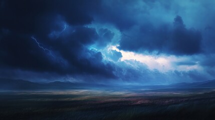 Fototapeta premium Dramatic stormy landscape with lightning striking dark clouds over a flat field.