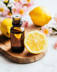 Lemon Slices with Essential Oil Bottle on Wooden Tray