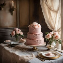 delicious wedding cake with pink roses on table