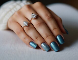 A hand with blue nail polish and two heart-shaped rings, resting on a light surface.