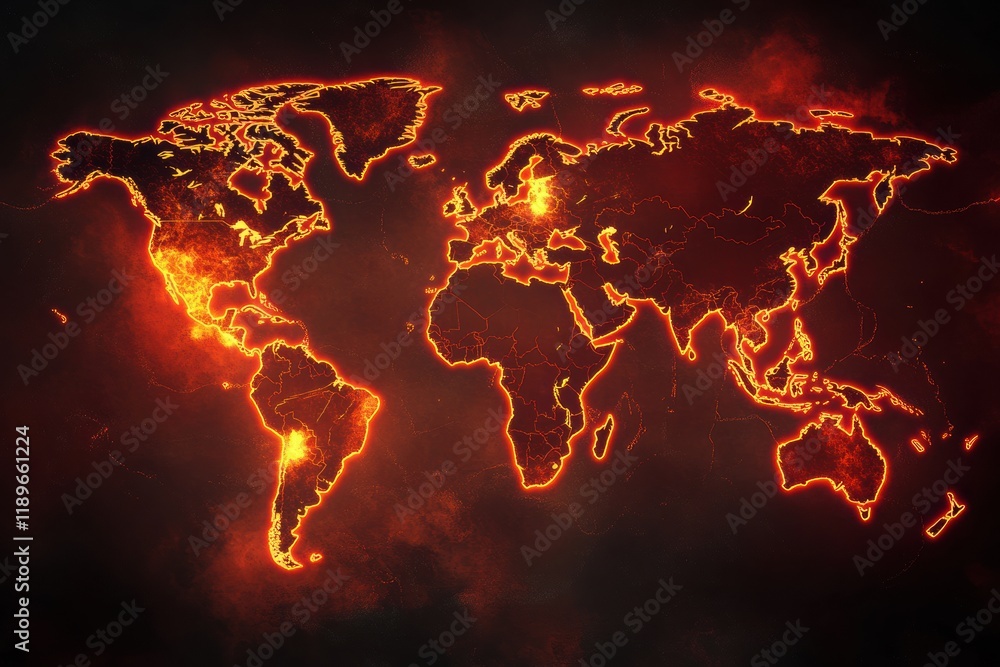 Fototapete world map showing areas affected by epidemic outbreaks in glowing red highlighted zones. generative 