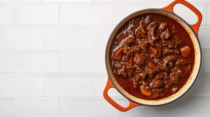Delicious goulash in pot on white tiled table, top view. Space for text