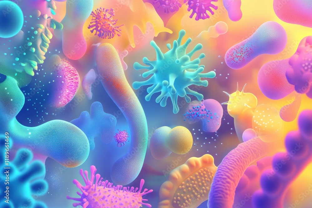 Poster vibrant illustration showcasing diverse microscopic microbes with unique shapes and textures in a co