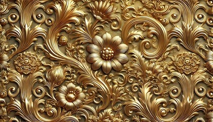 Embossed gold foil texture with intricate floral patterns, shimmering metallic details, and a regal luxurious style, seamless background, generative ai