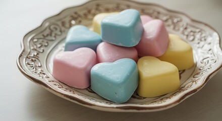 Pastel heart shaped candies on a light beige vintage plate.  Colorful pink, blue, and yellow treats.