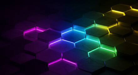 Abstract glow light color hexagonal background. Grunge Polygonal Hex geometry surface . Futuristic colorful technology texture concept. 3d Rendering.
