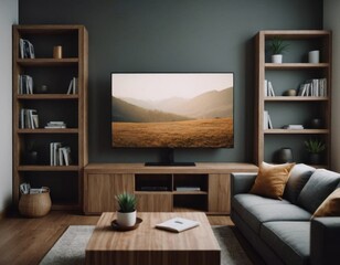 a modern living room with a cozy and stylish design. In the center, there is a large flat-screen television mounted on a wooden entertainment unit