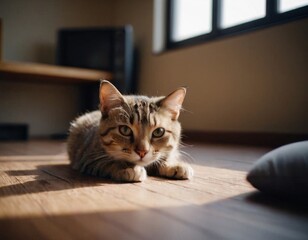 a cat lying on a wooden floor in a sunlit room. The cat has a tabby pattern with a mix of brown and black stripes. It is looking directly at the camera with its ears perked up
